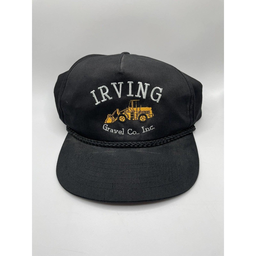 Sportsman Irving Gravel Co Snapback Hat Black Yellow Bulldozer Rope Brim